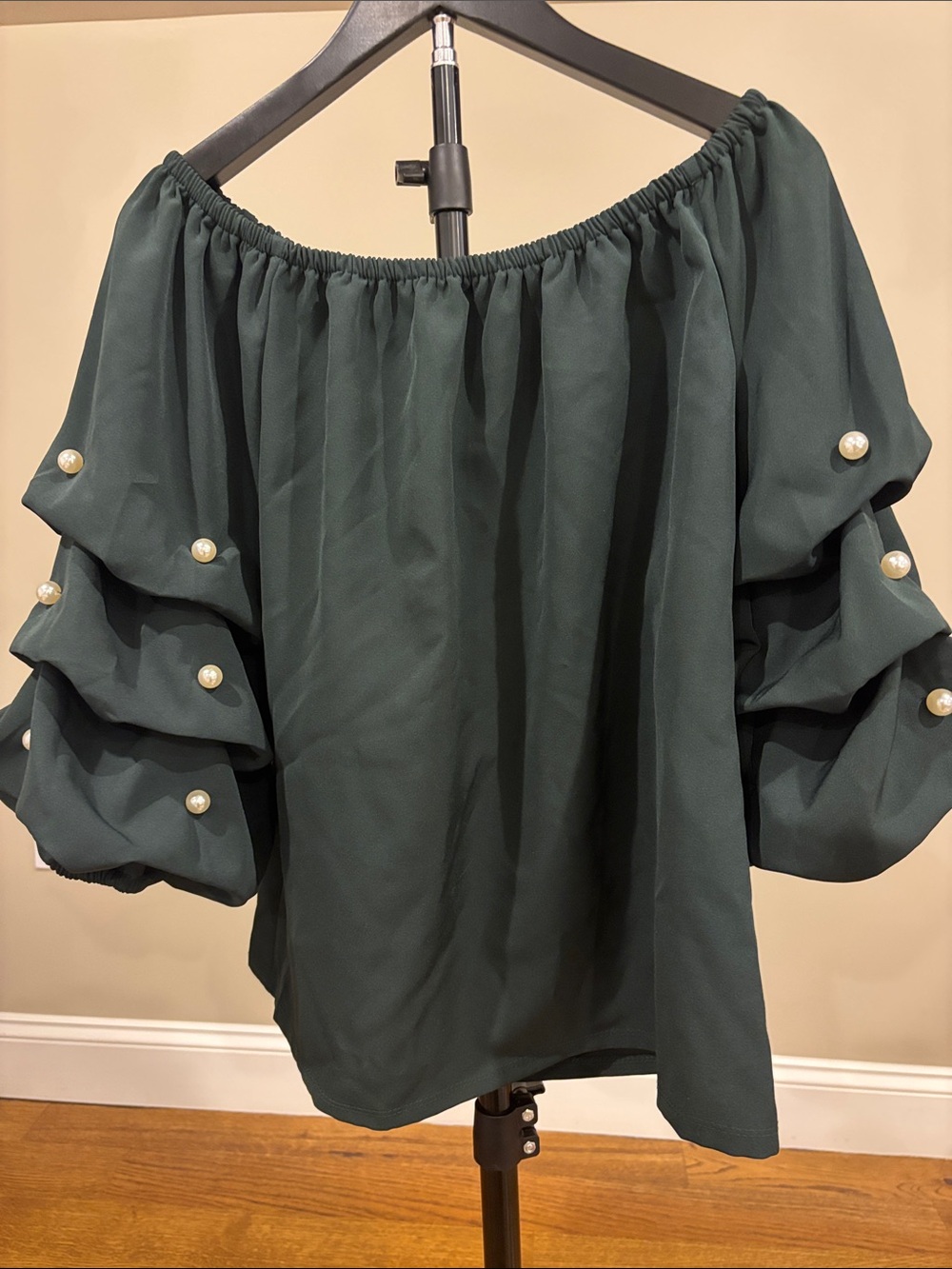 CeCe Off-Shoulder Dark Green Pearl-Accent Women's Skirt